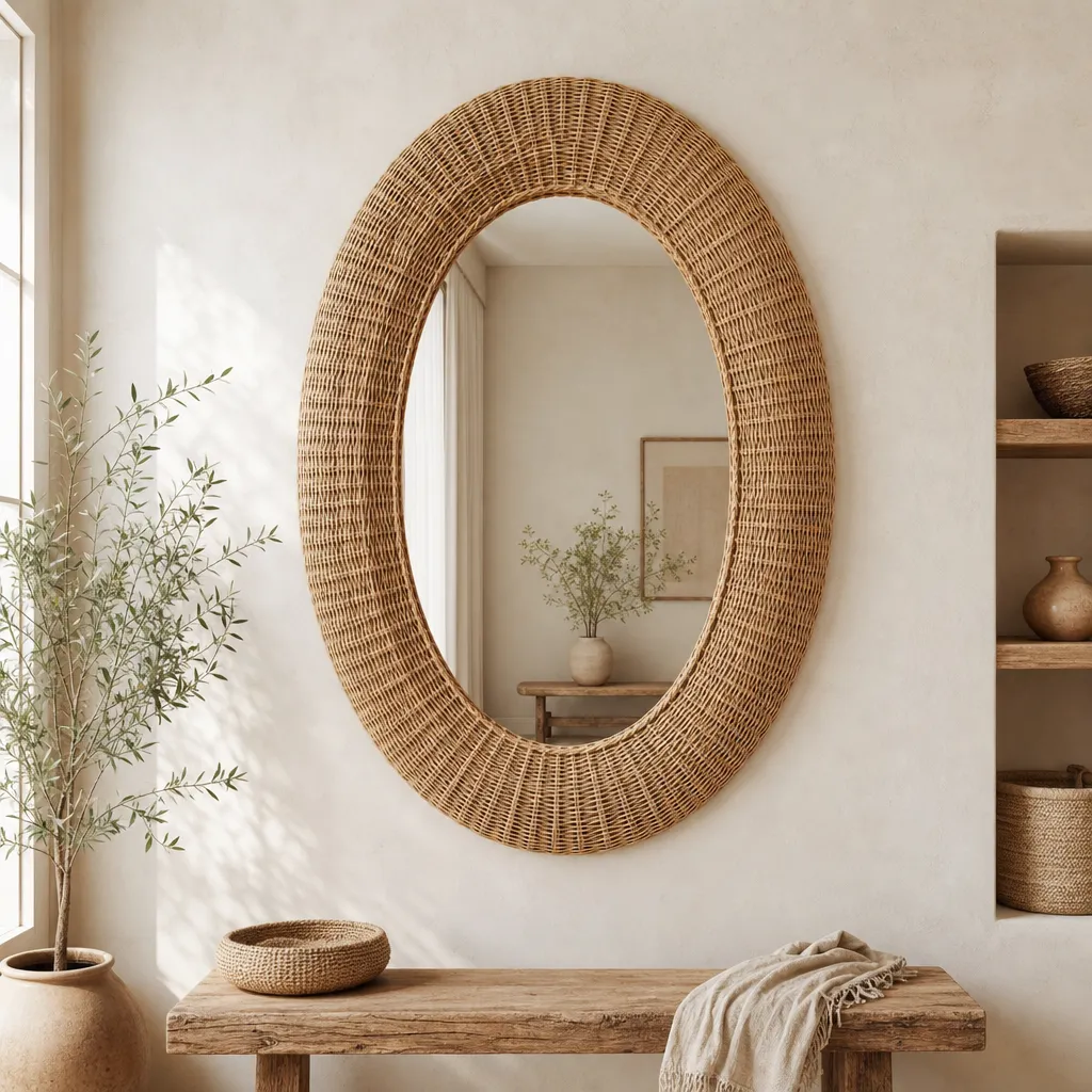 Ligne Grand Miroir Mural Ovale en Rotin Signature